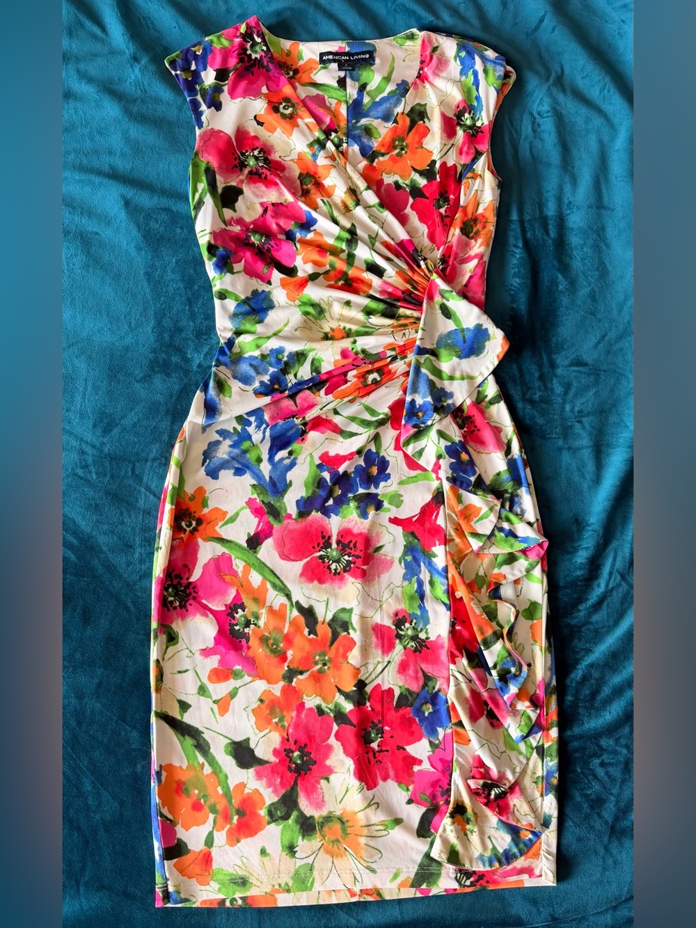 American Living Cream Floral Midi Dress with Pink, Orange & Blue Blooms